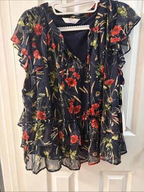 LC Lauren Conrad Navy Blouse with Red Floral Print